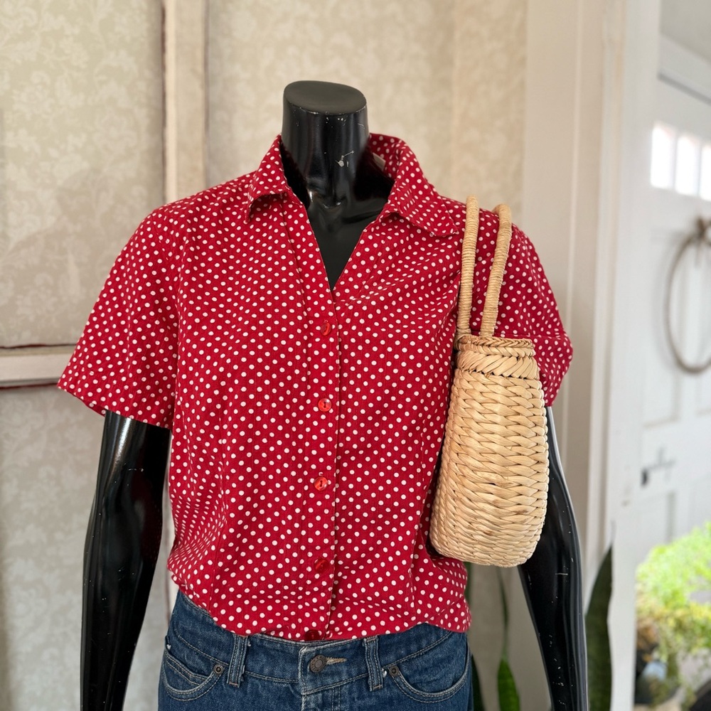 Erika 100% Cotton Red Short Sleeve Button Up with White Polka Dots. Size 8